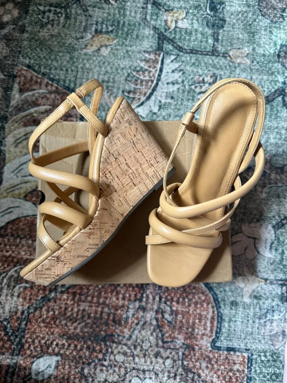 NIB Tan Strappy Padded Cork Wedges | Summer Boho-Glam Sandals